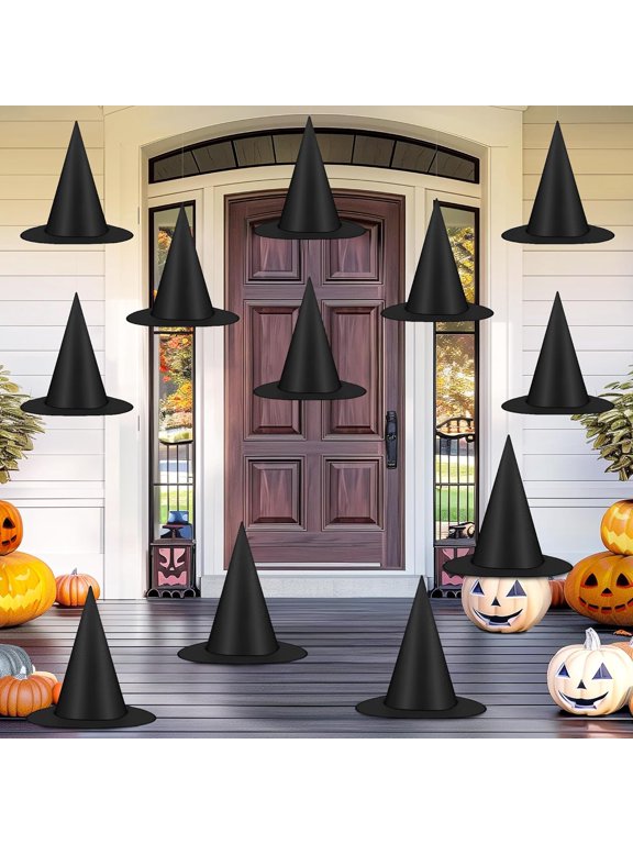 10 Pack Black Hanging Witch Hats with Nylon String, Halloween Porch Yard Decorations for Indoor Outdoor Party Use