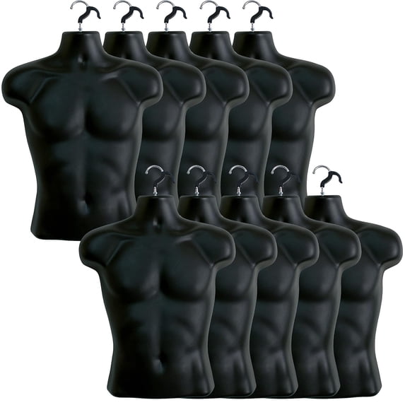 10 Pack Black Male Mannequin Torso, Dress Form Tshirt Display Countertop Hollow Back Body S-M Clothing Sizes
