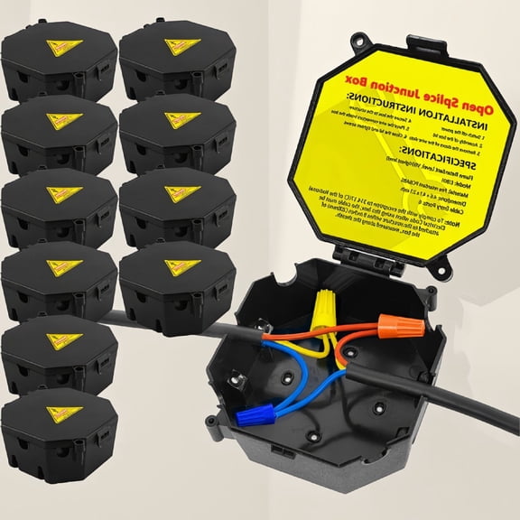 10 Pack Black Open Splice Electrical Junction Box with Cover, Wire Connector Box with 6 Cable Entry Slots, Flame Retardant