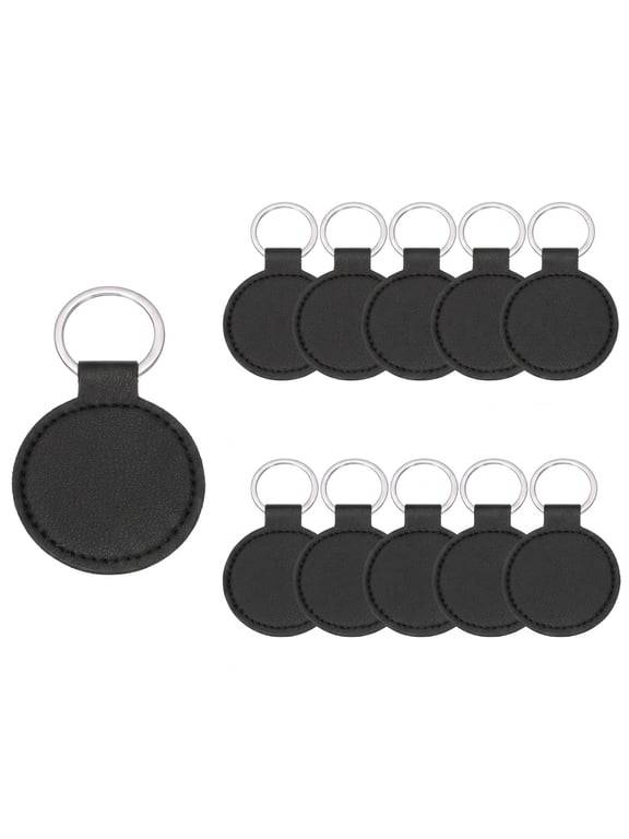 10 Pack Black PU Leather Keychain Blanks, 2 Inch Round Laser Engraving Key Fobs with Key Rings for DIY Crafts and Gifts