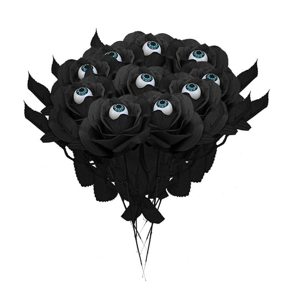 10-Pack Black & Red Faux Rose with Eyeballs - 39cm Halloween Eyeball Flowers, Gothic Rose Bushes for Party Decor, Home, Office