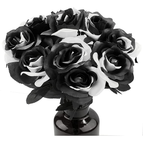 10 Pack Black Rose Artificial Flower Single Stem Fake Silk Flowers Bridal Wedding Bouquet, Realistic Blossom Flora for Home Garden Party Hotel Office Decorations B