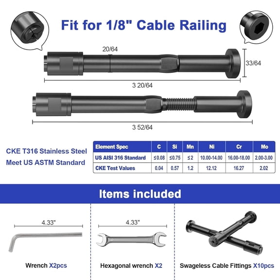 10 Pack Black Swageless Cable Fittings for 1/8" Cable Railing Kit, T316 Stainless Steel Black Invisible Cable Railing Hardware, 1/8" Swageless Cable Railing Tensioner for Wood/Metal Posts, BCR301
