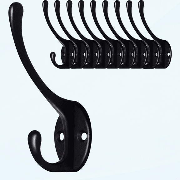 10 Pack Black Wall Hooks for Hanging, Metal Coat Hooks Wall Mounted Cubicle Accessories, Retro Double Hooks Heavy Duty Door Hanger for Towel, Hat, Key, Closet, Bag