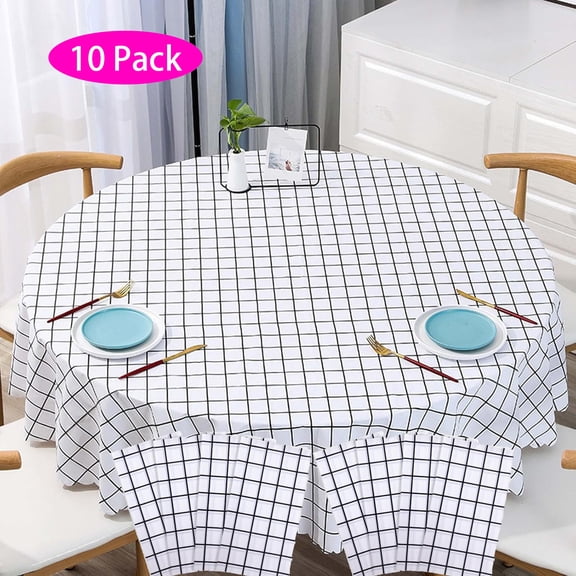 10 Pack Black and White Plastic Checkered Tablecloth Round, Premium Decorative Disposable blacGingham Plaid Table Cloths for Parties, Round Party Table Cover for Picnic Farm Birthday Wedding, 84 Inch