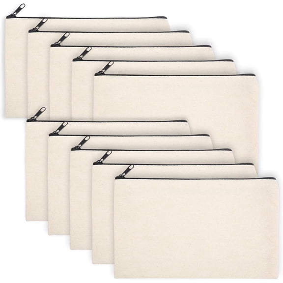 10 Pack Blank Canvas Zipper Pouches, 8.3 x 5 Inch Multipurpose Canvas Makeup Bags Bulk, Sturdy Zipper Pencil Pouch Travel Toiletry Storage Bags for DIY Craft & Daily Organizing