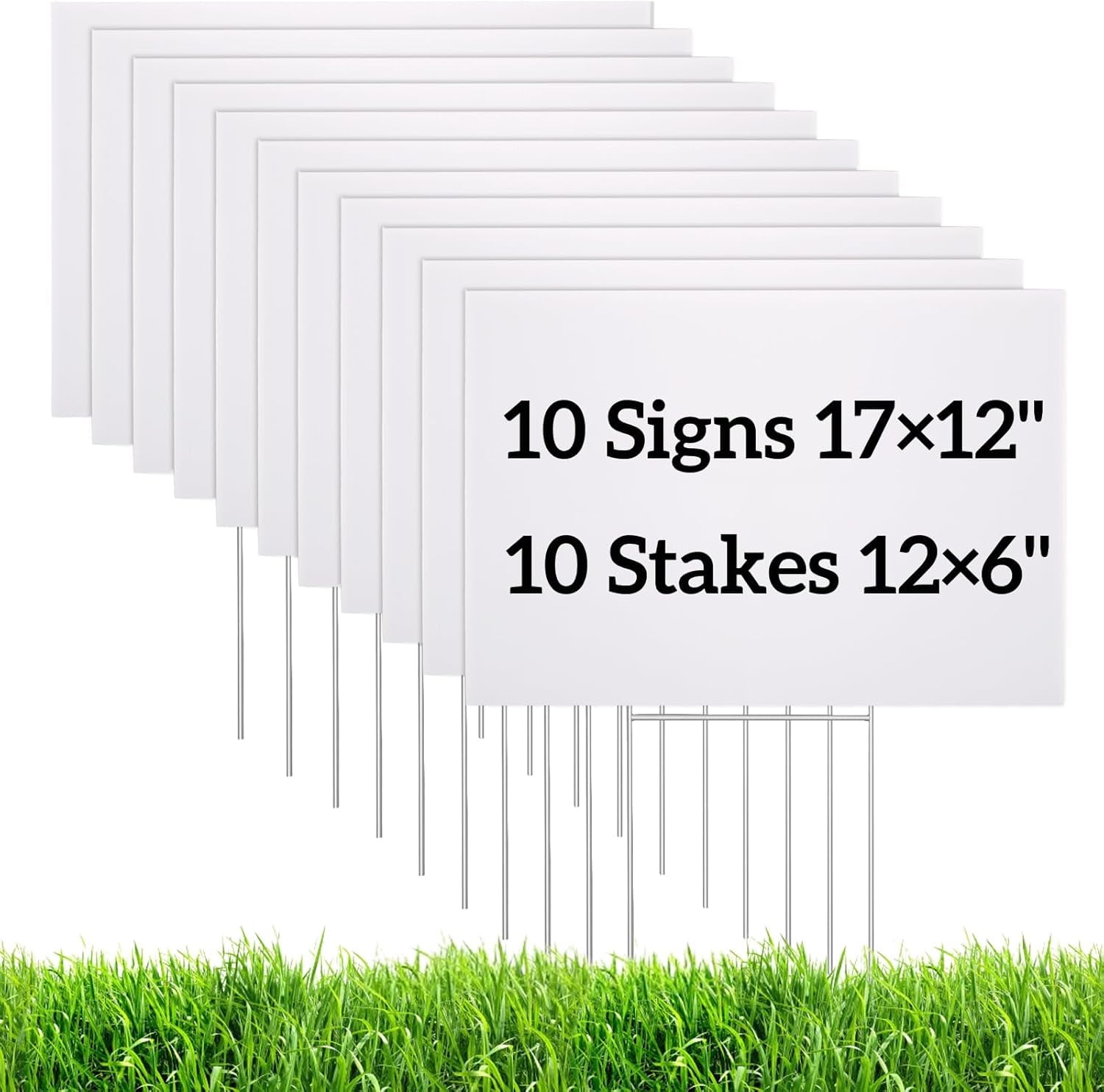 10 Pack Blank Yard Signs with H Metal Stakes, Real Estate Garage Sale Signs Double Sided, Corrugated Plastic Lawn Signs for Birthday, Wedding, Campaign, Parking(White, 17 x 12 Inch)