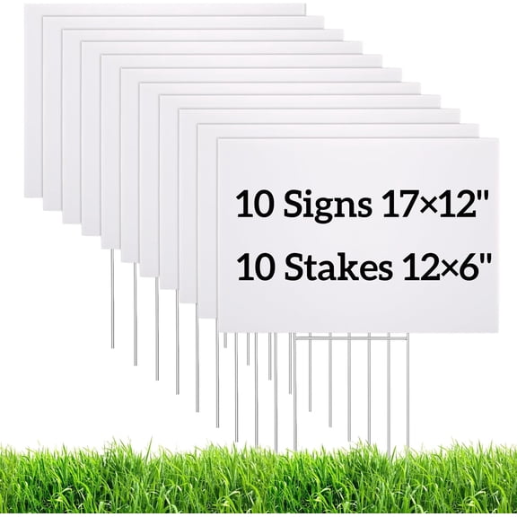 Goaste 10 Pack Blank Yard Signs with H Metal Stakes, Real Estate Garage Sale Signs Double Sided, Corrugated Plastic Lawn Signs for Birthday, Wedding, Campaign, Parking(White, 17 x 12 Inch)