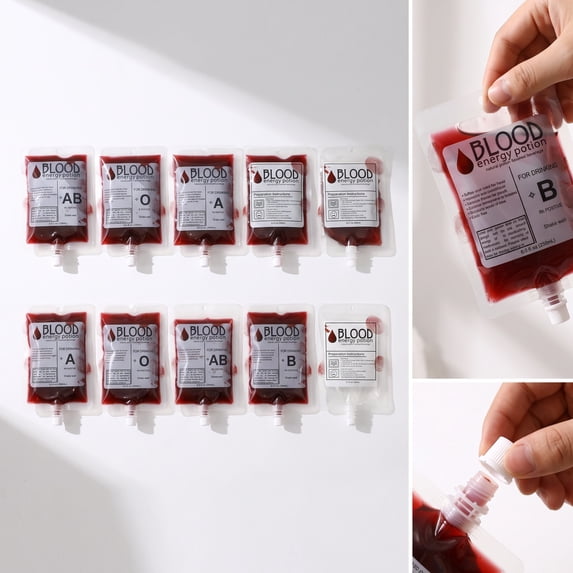 10 Pack Blood Bags For Drinks, IV Bags For Drinks, Halloween Party Set | IV Bags For Drinks – Syringe-Fill Pouches, Each With Blood Type Label & Leak-Proof Clip. Halloween Party Decor,Only Bags