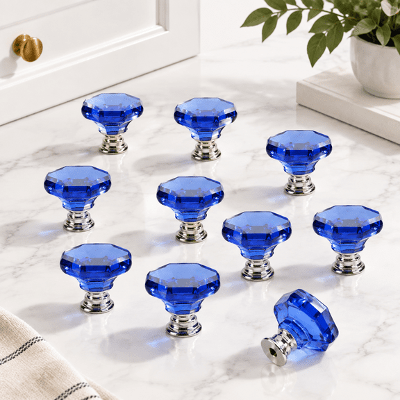 10 Pack Blue Crystal Cabinet Knobs, 1.29 Inch Diameter, Chrome Base Drawer Pulls