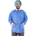 thumbnail image 1 of 10 Pack Blue Disposable SMS Lab Jackets 50 gsm Large 31" Long /w Snaps Front, Knit Cuffs & Collar, 3 Pockets, 1 of 7
