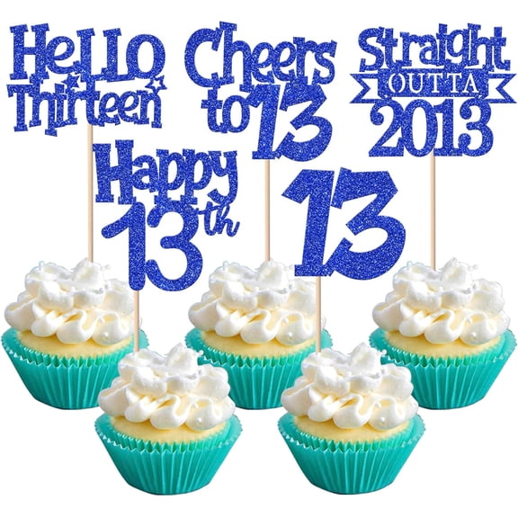 10 Pack Blue Glitter 13th Birthday Cupcake Toppers, Cheers to 13, Straight Outta 2013 Picks for 13th Birthday Party Cake Decorations Supplies