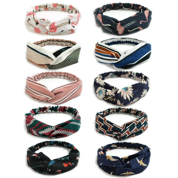 10 Pack Boho Headbands for Women Vintage Flower Printed Criss Cross Elastic Head Wrap Twisted Cute Hair Accessories