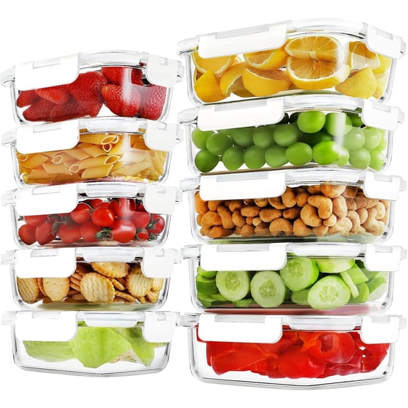 10 Pack Borosilicate Glass Meal Prep Containers with Locking Lids Airtight Bento Boxes 36 oz and 14 oz Freezer and Oven Safe White
