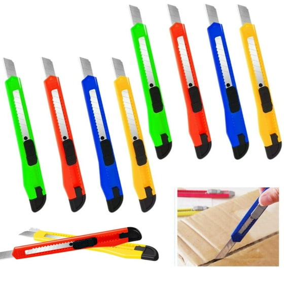 10 Pack Box Cutter Retractable, Topboutique Utility Knife Box Cutters, Compact Utility Knives, Razor Knife, Paper Knife, Disposable Box Opener, Extended Use for DIY Art Crafts, Office,Random Colours