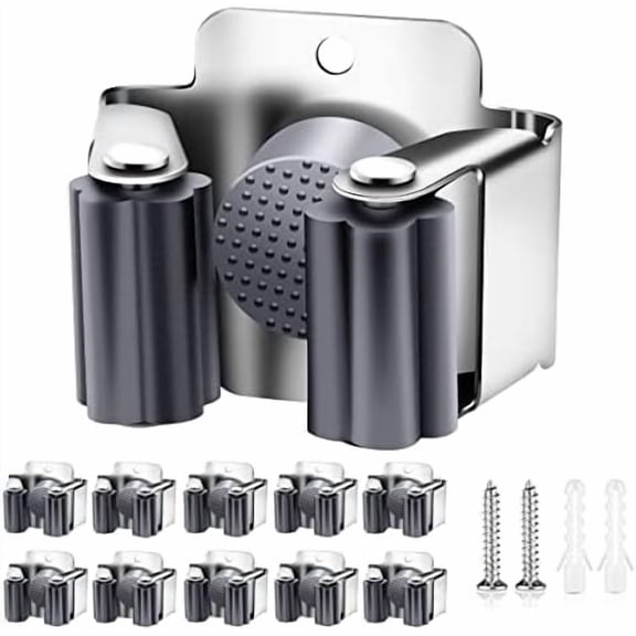 10 Pack Broom Holder Wall Mount, Mop and Broom Holder Wall Mount, Stainless Steel Command Broom Holder with Screws, Garden Tool Storage Organizer for Kitchen, Home, Bathroom, Garage, Grey