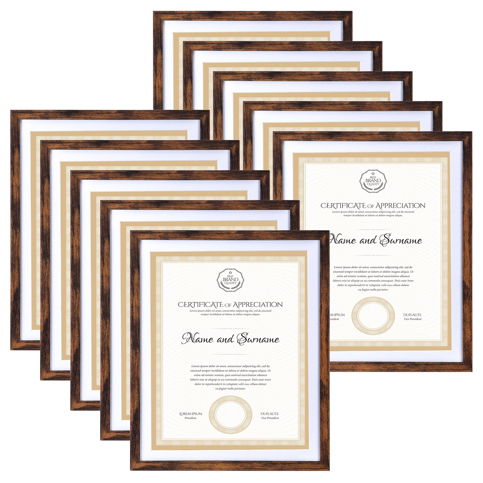 10 Pack Brown 8.5 x 11 Picture Frames,Display 8.5x11 with Mat or 11x14