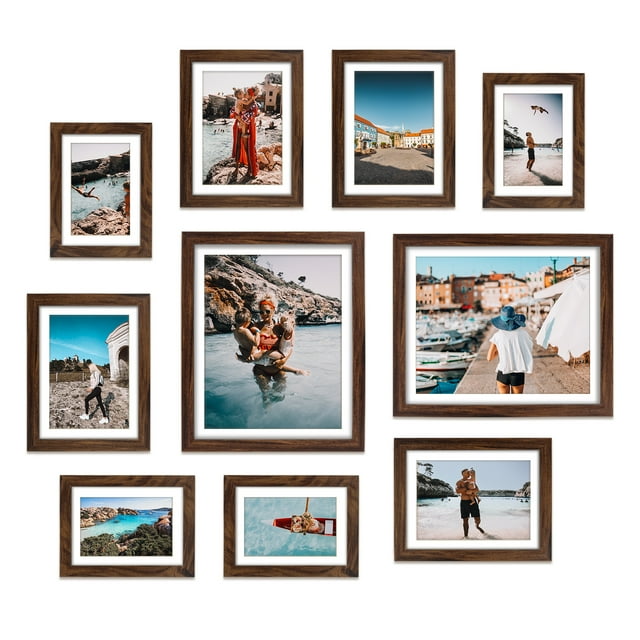 10 Pack Natural Wood Brown Gallery Wall Picture Frames with Mat, Multiple Sizes for Wall or