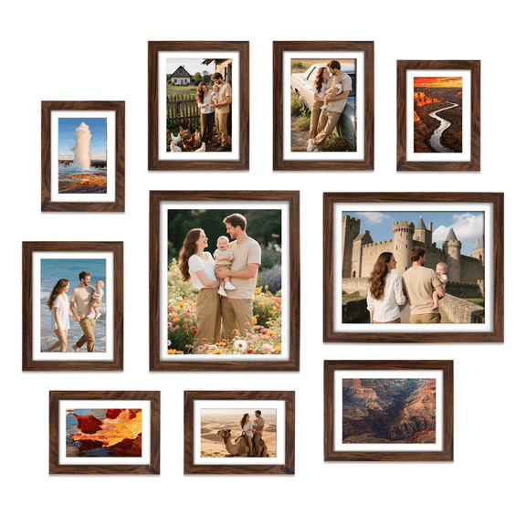 10 Pack Brown Gallery Wall Picture Frame with Mats, Assorted Multiple Sizes Photo Frames for Wall or Tabletop