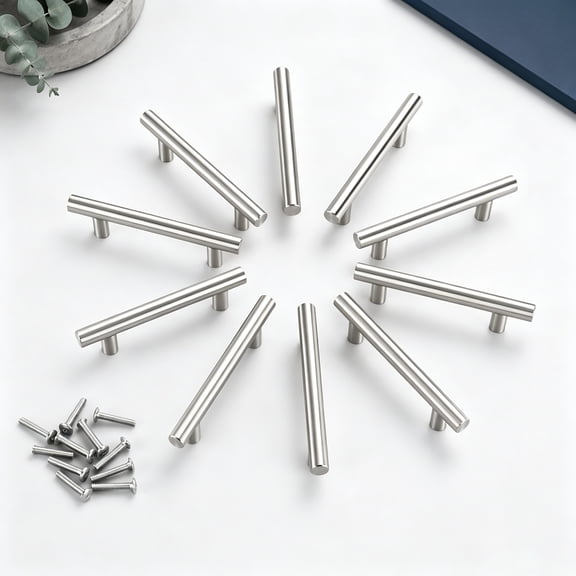 10 Pack Brushed Nickel Cabinet Pulls, 3-3/4 Inch Hole Center Stainless Steel T Bar Drawer Handles, 6 Inch Length Straight Bar Kitchen Cupboard Hardware for Dresser Bathroom Cabinets