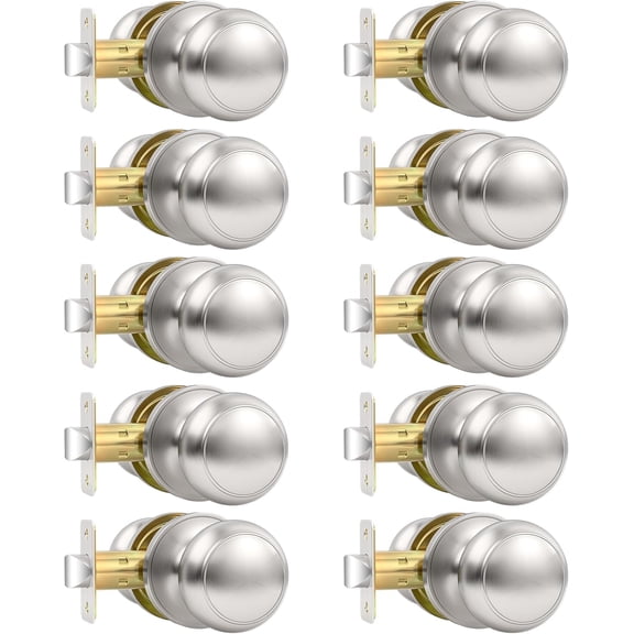 10 Pack Brushed Nickel Door Knob, Round Interior Door Knobs for Hallway Closet, Non-Locking Passage Door Knobs, Keyless Door Handles for Left/Right Handle Doors