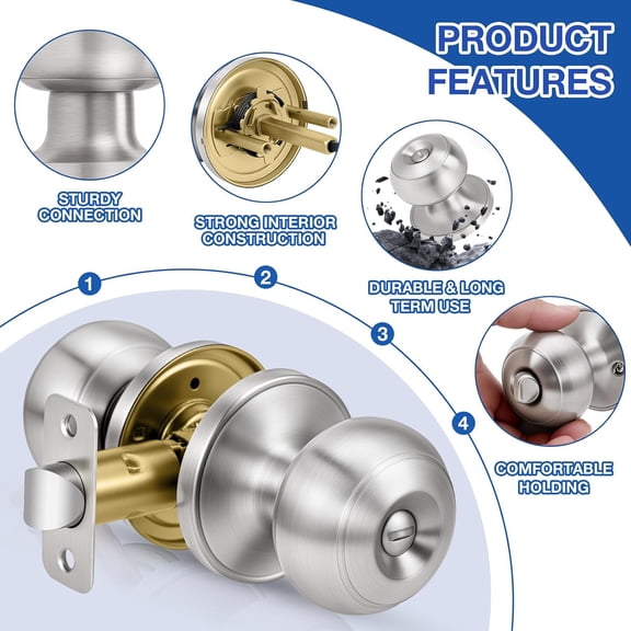 10 Pack Brushed Nickel Door Knobs,Privacy Door Knob with Lock, Interior Doorknobs Silver, Keyless Door Locks Set for Bedrooms Bathrooms, Reversible for Left/Right Door Handle