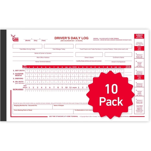 10 Pack Buck Driver Daily Log Book with 7 & 8 Day Recap - 2-Ply Carbonless, 5.5" x 8.5", 35 Sets of Forms Per Log Book, FMCSA Compliant Premium Log Book for Truck Drivers with Easy Tear-Out