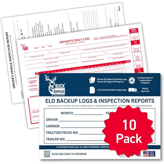 10 Pack Buck ELD Backup Driver Log Book with Detailed Driver Vehicle Inspection Report & Daily Recap - 2-Ply Carbonless, 5.5" x 8.5", 15 Sets of Forms Per Book, FMCSA Compliant with Easy Tear-Out
