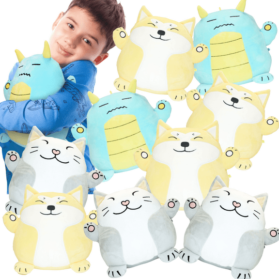 10-Pack Bulk Stuffed Animals 8-inch Round, Soft, Squishy Hachi Dog, Neko Cat, and Dargon Dragon Pillow Toys for Kids Perfect Gifts, Parties, Prizes and Playtime