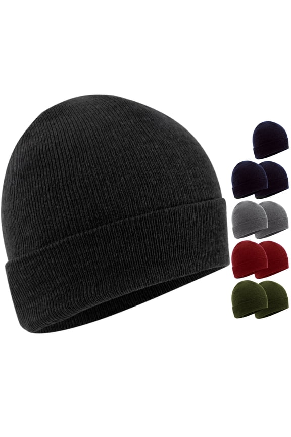 10 Pack of Bulk Wholesale Adult One Size Mens Womens and Teens Stretch Knit Beanie Skull Hats for Fall, Winter, Snow, Wind, Rain, Homeless and Charity Donation in Black, Gray, Navy Blue, Red & Green