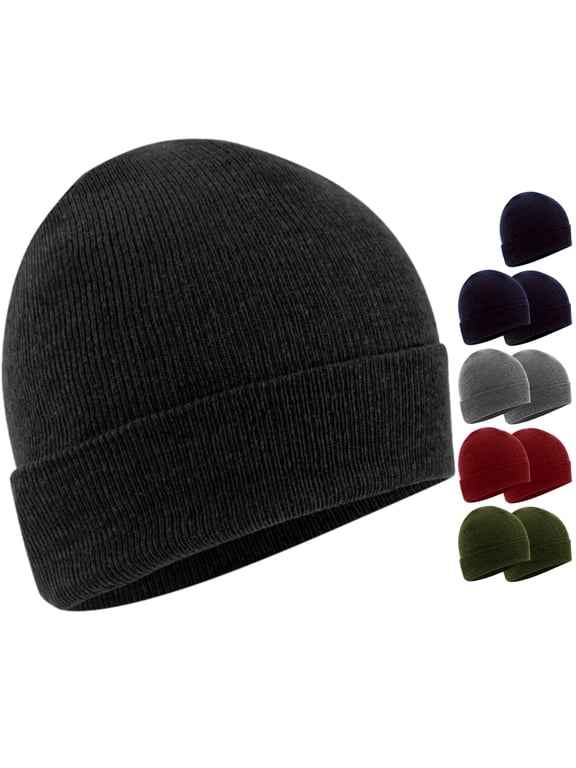 10 Pack of Bulk Wholesale Adult One Size Mens Womens and Teens Stretch Knit Beanie Skull Hats for Fall, Winter, Snow, Wind, Rain, Homeless and Charity Donation in Black, Gray, Navy Blue, Red & Green