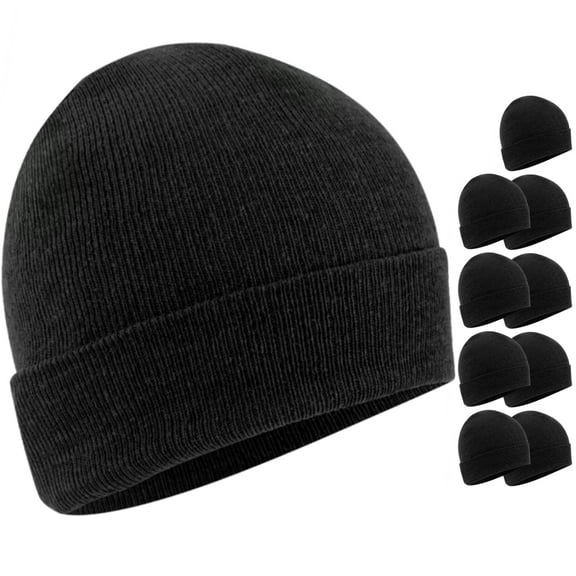 10 Pack of Bulk Wholesale Adult One Size Mens Womens and Teens Stretch Knit Beanie Skull Hats for Fall, Winter, Snow, Wind, Rain, Homeless and Charity Donation in Black