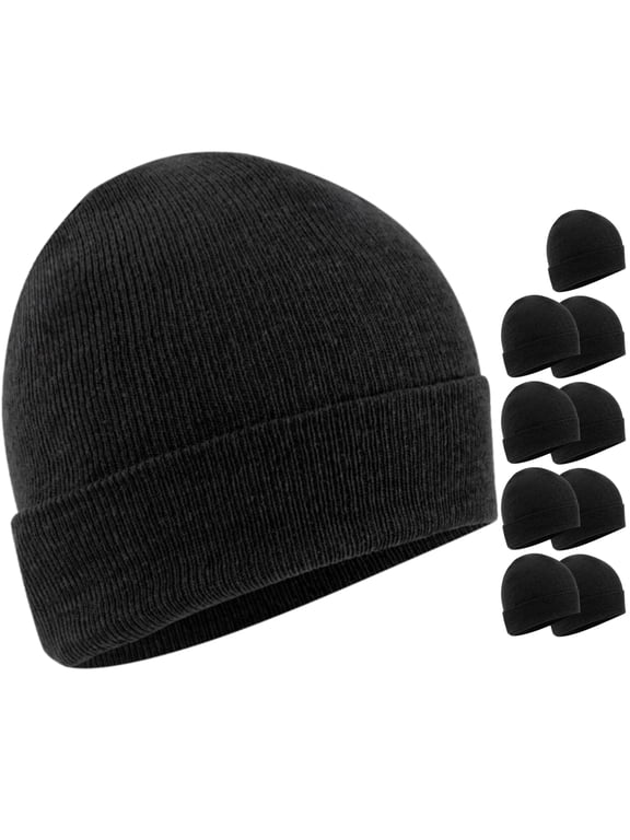 10 Pack of Bulk Wholesale Adult One Size Mens Womens and Teens Stretch Knit Beanie Skull Hats for Fall, Winter, Snow, Wind, Rain, Homeless and Charity Donation in Black