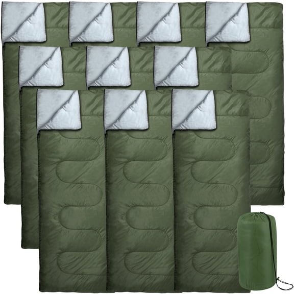 10 Pack Bulk Wholesale of Cold Weather Envelope Sleeping Bags for Adults, Kids, Homeless, Camping, Indoors, Outdoors - 10 Count Sleeping Bags in Forest Green - 71"L x 30"W