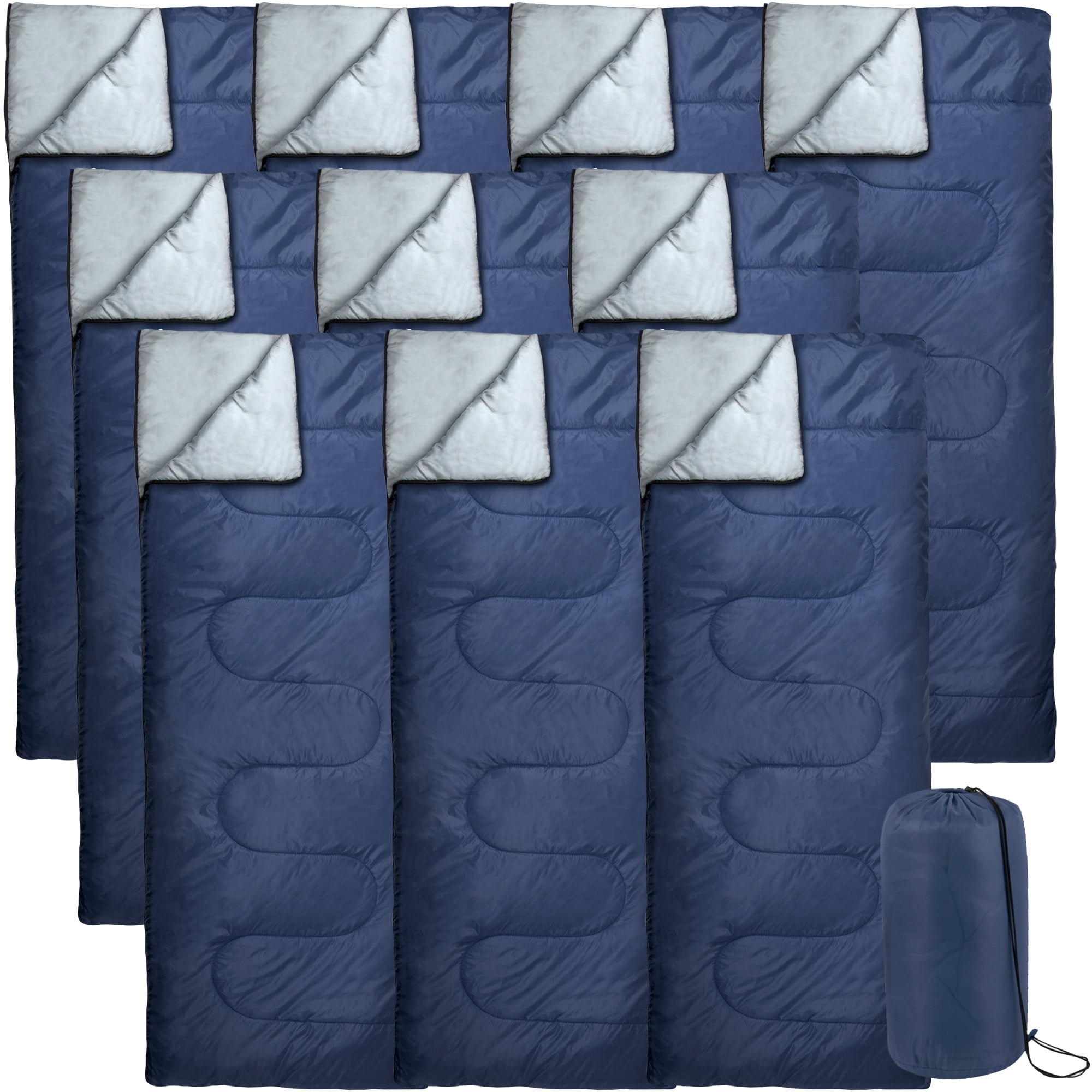 10 Pack Bulk Wholesale of Cold Weather Envelope Sleeping Bags for Adults, Kids, Homeless, Camping, Indoors, Outdoors - 10 Count Sleeping Bags in Navy Blue - 71"L x 30"W