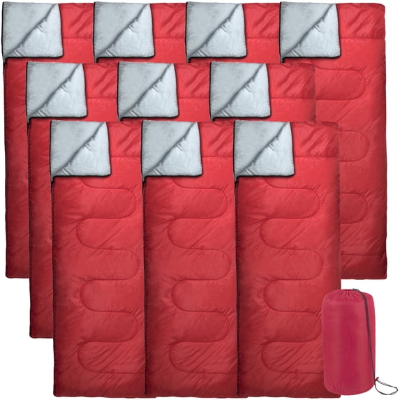 10 Pack Bulk Wholesale of Cold Weather Envelope Sleeping Bags for Adults, Kids, Homeless, Camping, Indoors, Outdoors - 10 Count Sleeping Bags in Red - 71"L x 30"W