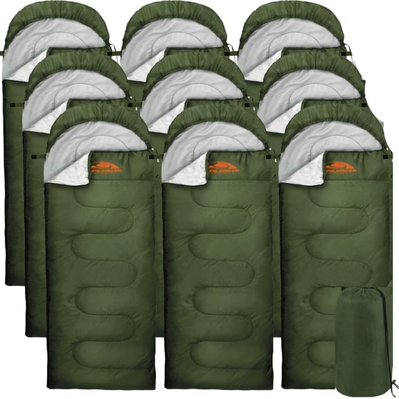 10 Pack of Bulk Wholesale 30 Degree Cold Weather Hooded Sleeping Bags for Adults, Kids, Homeless, Camping, Indoors, Outdoors - 10 Count Hooded Sleeping Bags in Forest Green 71"L x 30"W