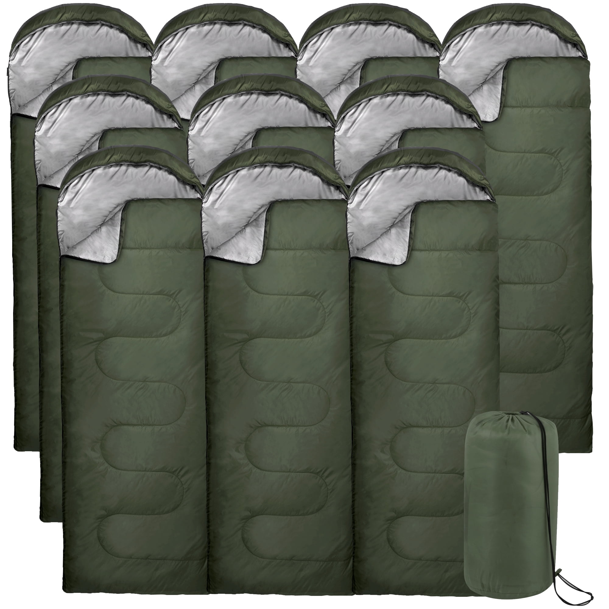 10 Pack of Bulk Wholesale Cold Weather Hooded Sleeping Bags for Adults, Kids, Homeless, Camping, Indoors & Outdoors - 10 Count Hooded Sleeping Bags in Forest Green -  71"L x 30"W