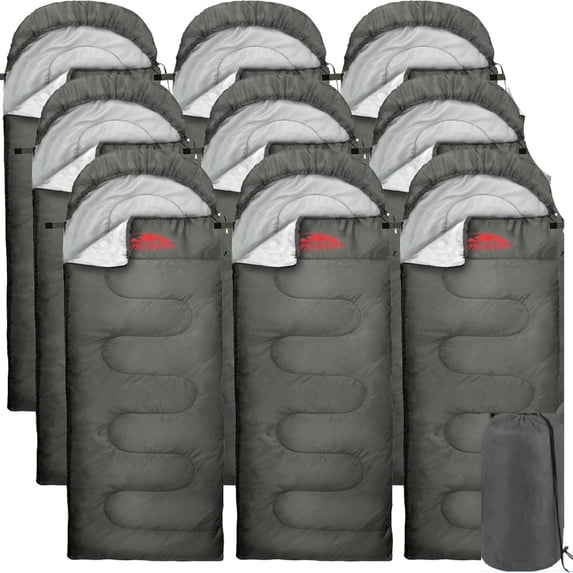 10 Pack of Bulk Wholesale Cold Weather Hooded Sleeping Bags for Adults, Kids, Homeless, Camping, Indoors, Outdoors - 10 Count Hooded Sleeping Bags in Gray 71"L x 30"W