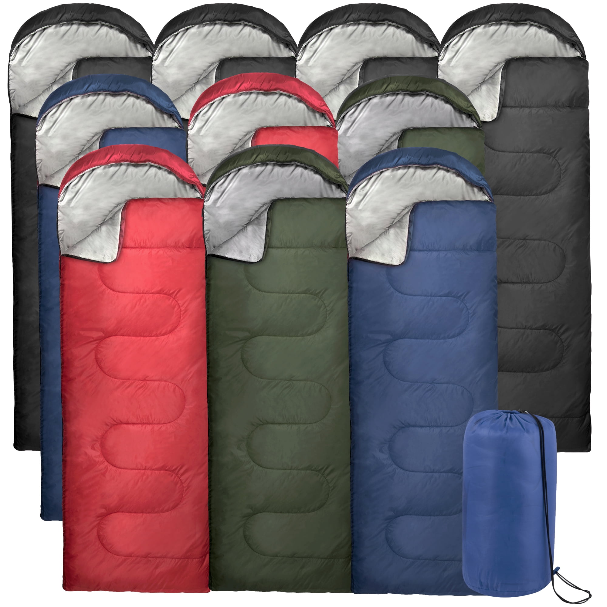 10 Pack Bulk Wholesale of Cold Weather Hooded Sleeping Bags for Adults, Homeless, Camping, Indoors, Outdoors in Black, Navy Blue, Forest Green, Red - 71"L x 30"W