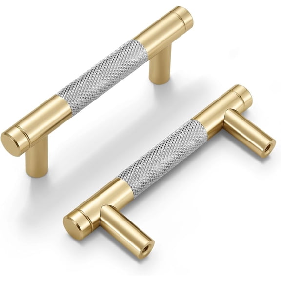 10 Pack Cabinet Handles Gold and Nickel 3 Inch Drawer Pulls Round Bar Brass Cabinet Pulls with Knurled Pattern Kitchen Cabinet Hardware