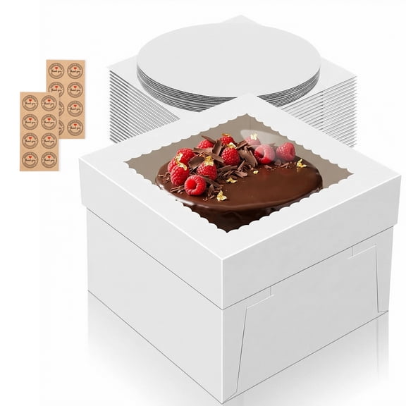10 Pack Cake Boxes 10x10x8 Inches Tall Cake Box with Cake Boards, White Bakery Boxes with Window Disposable Cake Containers with Lids for Cake Donuts Pies Cookies Wedding Birthday Party