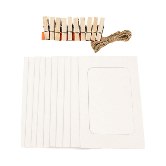 10 Pack Cardboard Picture Frames, DIY Photo Hanging Kit with Wooden Clips and Paper String for Home Wall Decor