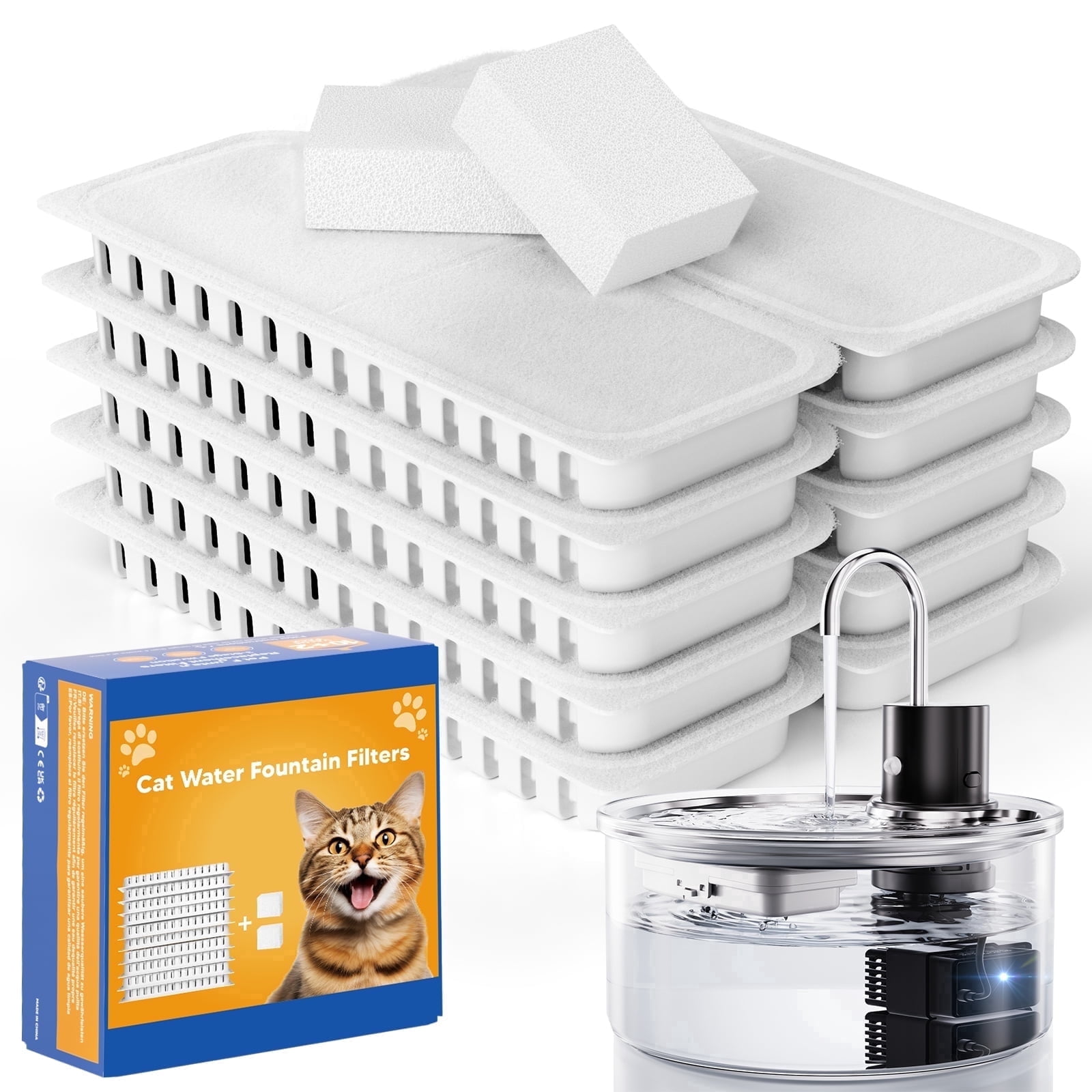 10-Pack Cat Water Fountain Filters Replacement for Glass Cat Water Fountain Wireless - Includes 2 Pre-Filter Sponges, Activated Carbon & Resin System for Fresh Water