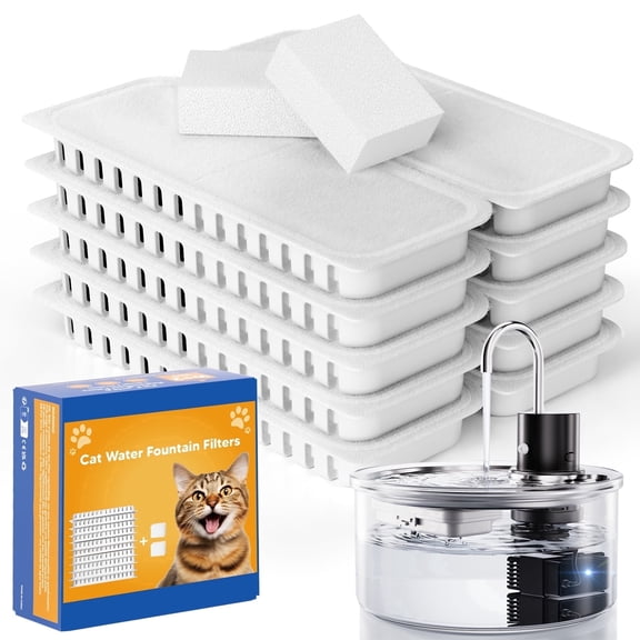 10-Pack Cat Water Fountain Filters Replacement for Glass Cat Water Fountain Wireless - Includes 2 Pre-Filter Sponges, Activated Carbon & Resin System for Fresh Water