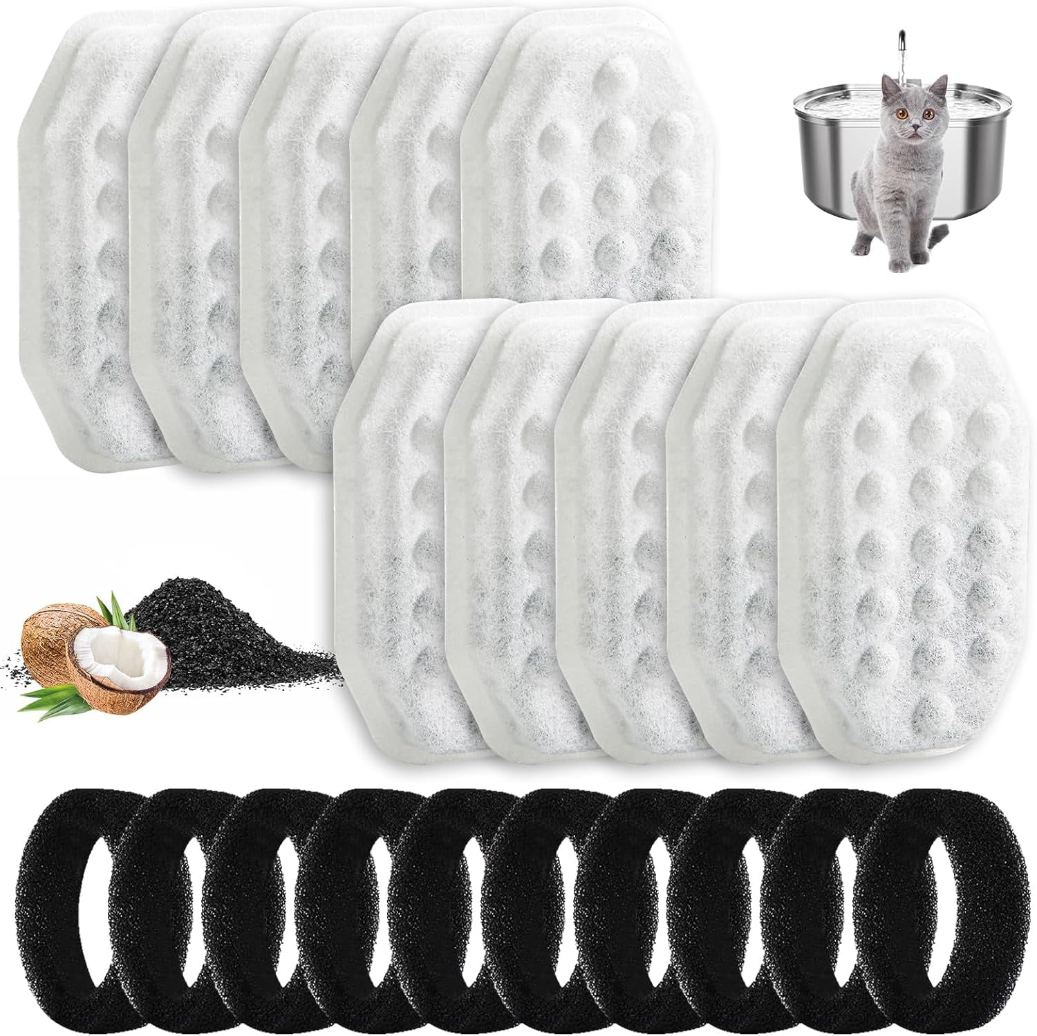 10 Pack Cat Water Fountain Replacement Filters & Pre-Filter Sponges for Rellaty and Neareal 108oz/3.2 Automatic Pet Water Fountain