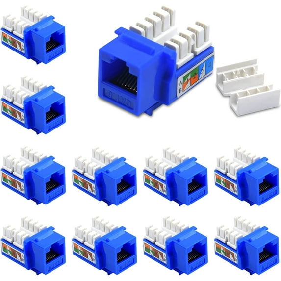 10-Pack Cat5e/Cat6 Keystone Jack 90 Degree 110 Punchdown Network Ethernet Wall Jack Blue