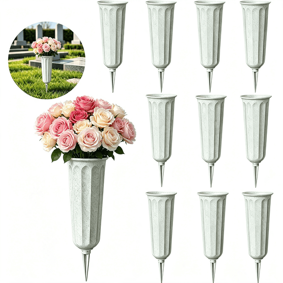 10 Pack Cemetery Vase Flower Pots for Outdoor Plants, Decorative Plastic Containers Memorial Floral Vases(Gray)