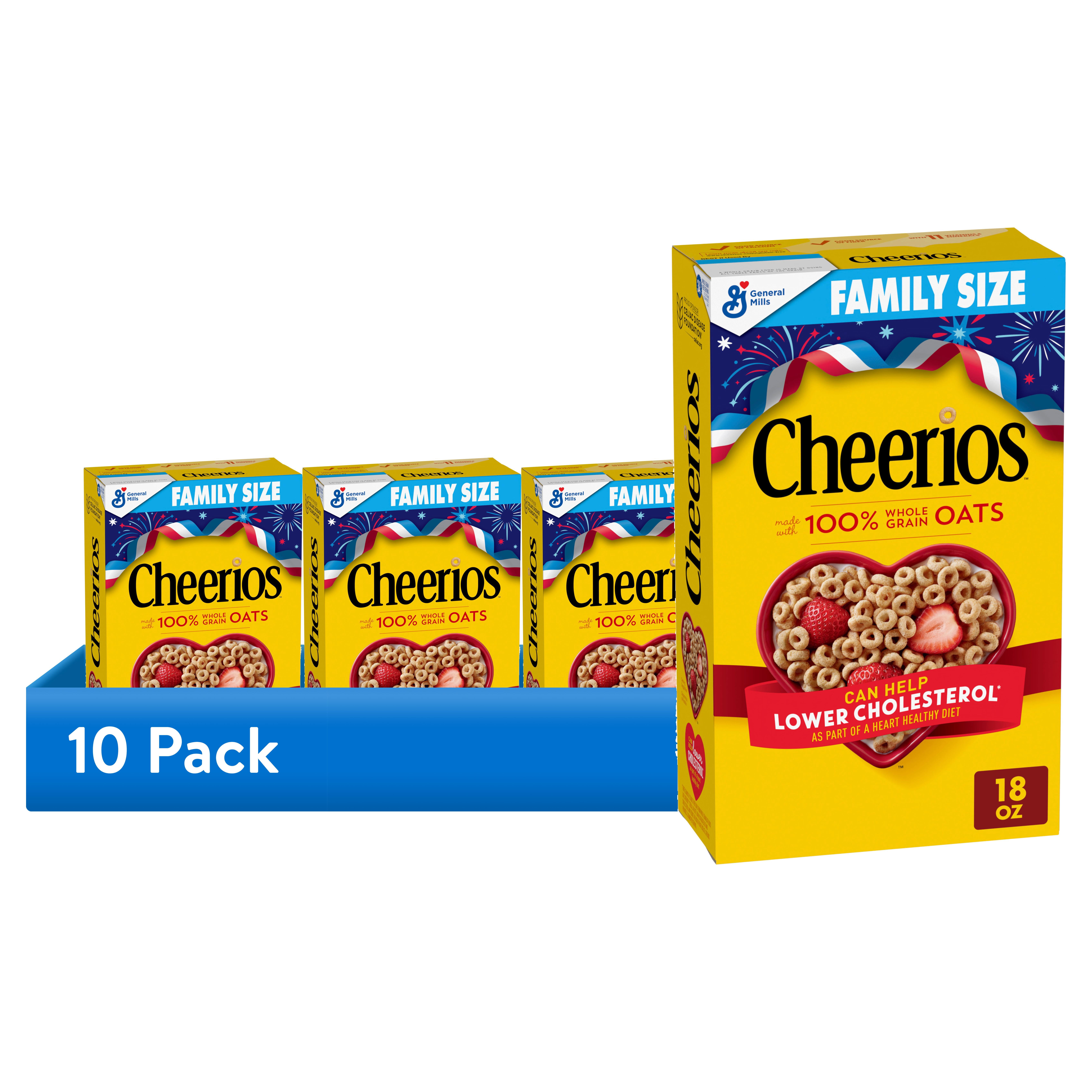 (10 pack) Cheerios, Heart Healthy Gluten Free Breakfast Cereal, Family Size, 18 oz