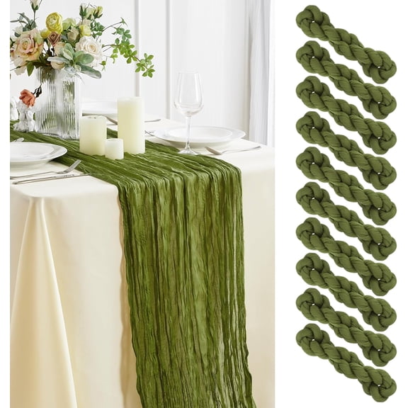 10 Pack Cheesecloth Table Runner - 13.3Ft Olive Green Boho Gauze Cheese Cloth Table Runner 35x160 Inch Long Romantic Sheer Table Runner for Wedding Bridal Baby Shower Birthday Party Table Decoration